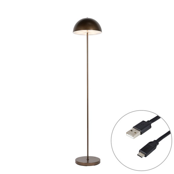 Moderne Stehleuchte mit kuppelförmigem Schirm, schlankem Standrohr und USB Ladekabel.