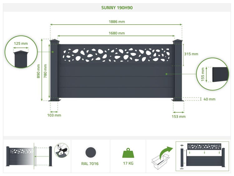 Set mit 3 Aluminiumzäunen SUNNY 190H90 grau
