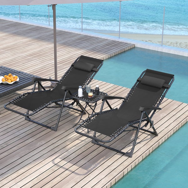 Outsunny Gartenliege Set 3-TLG. Klappbar Sonnenliege mit Teetisch 2 Stühle Kopfkissen, Outdoor Liege wetterfest Relaxliege Liegestuhl aus Metall Strandliege für Garten, Terrasse 90x56x110 cm Schwarz
