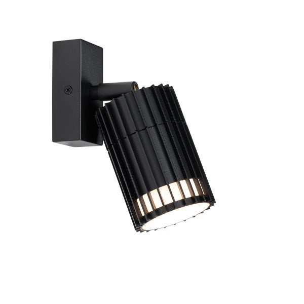 Moderner schwarzer Wandspot mit geriffeltem zylindrischem Schirm und rechteckiger Halterung.