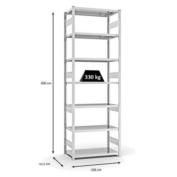 PROREGAL Fachbodenregal Stecksystem T-Profil Heavy-Duty Grundregal HxBxT 300 x 100 x 50 cm 7 Ebenen Fachlast 330 kg Beidseitig Nutzbar Lichtgrau