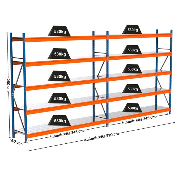 Lagerregal mit vier Ebenen und den Maßen 250 cm Höhe, 510 cm Außenbreite und 245 cm Innenbreite