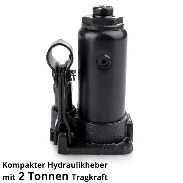 Kompakter schwarzer Hydraulikheber aus Metall mit einer Tragkraft von 2 Tonnen.