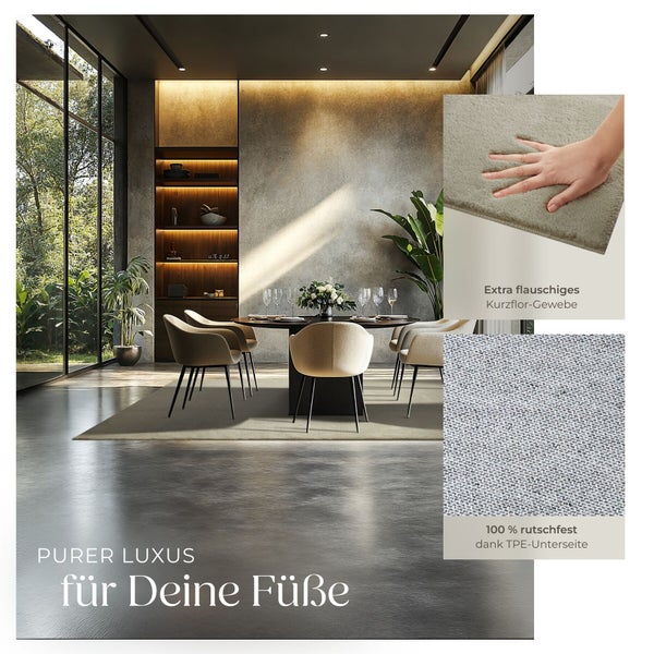 Moderner Kurzflorteppich im Esszimmer mit Tisch und Stühlen. Detailansichten der flauschigen Oberfläche und der rutschfesten Unterseite.