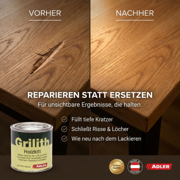 Vorher-Nachher-Vergleich einer Holztisch-Reparatur mit Adler Grilith Holzkitt. Füllt tiefe Kratzer und Risse für ein unsichtbares Ergebnis.