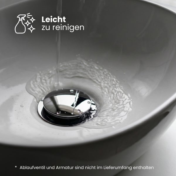 Weißes Keramik-Waschbecken mit fließendem Wasser und Hinweis auf leichte Reinigung.