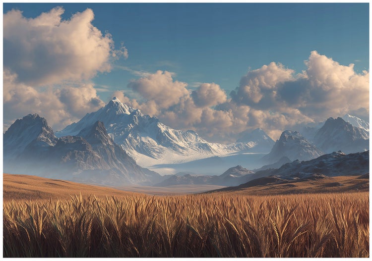 Landschaft mit Weizenfeld und schneebedeckten Bergen unter bewölktem Himmel