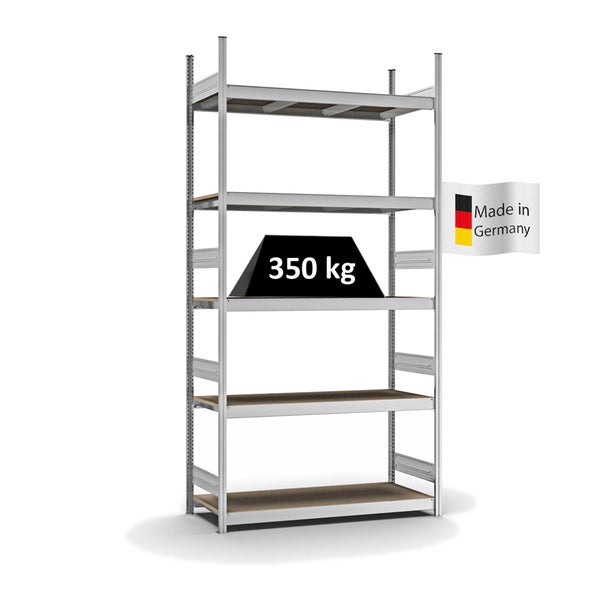 PROREGAL Weitspannregal Stecksystem T-Profil Grundregal HxBxT 300x150x50 cm 5 Ebenen Spanplatten Fachboden Fachlast 350 kg Verzinkt