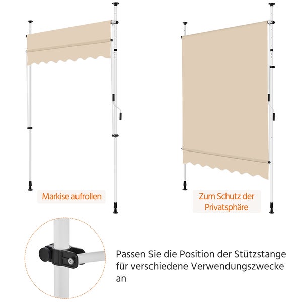 Freistehende Markise in aufgerolltem und abgerolltem Zustand für Sichtschutz