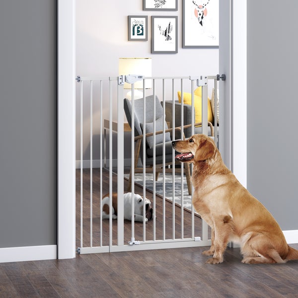 PawHut Türschutzgitter extra hoch Treppenschutzgitter 97,5 x 104,1 cm Hundegitter ohne bohren mit Verlängerung Absperrgitter mit Doppelter Verschluss für Haustier Auto-Close Metall Weiß