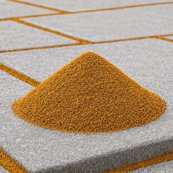 Ein Haufen Fugenmörtel auf grauen Terrassenplatten verlegt, ideal zur Unkrautbekämpfung zwischen Steinpflaster.