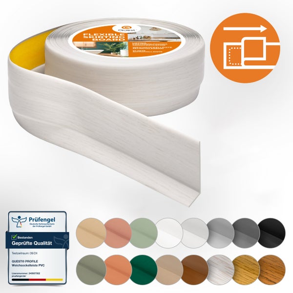 Quest flexible Weichsockelleiste aus Kunststoff zum Kleben in Holzoptik inklusive Prüfsiegel und Farbübersicht.