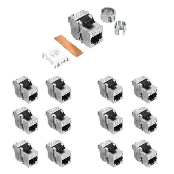 Geschirmte CAT 8.1 Keystone Module aus Metall im 12er Set inklusive Montagezubehör.
