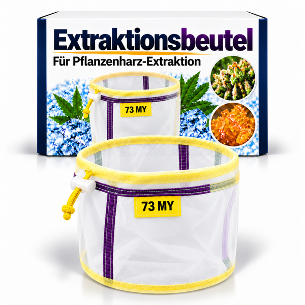 Extraktionsbeutel mit 73 Mikron Maschenweite zur Extraktion von Pflanzenharz inklusive Umverpackung.