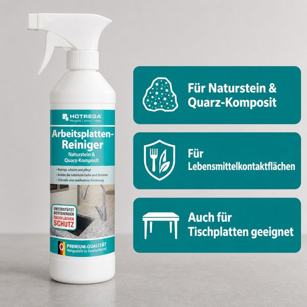 Hotrega Arbeitsplatten Reiniger in Sprühflasche für Naturstein und Quarz Komposit zur Reinigung und Pflege von Lebensmittelkontaktflächen.