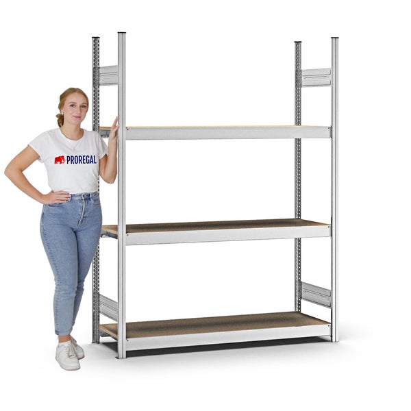 PROREGAL Weitspannregal Stecksystem T-Profil Grundregal HxBxT 200x150x40 cm 3 Ebenen Spanplatten Fachboden Fachlast 350 kg Verzinkt