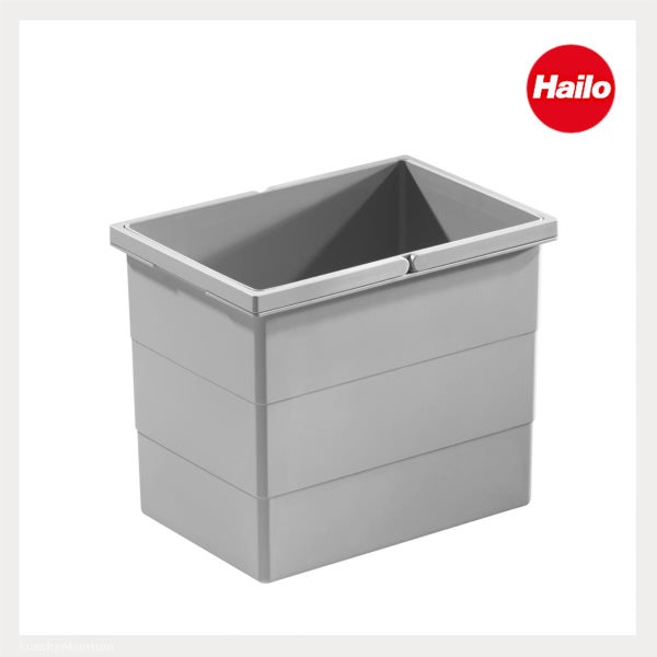 Hailo Logo. Grauer rechteckiger Kunststoffeinsatz für Abfalltrennsysteme.