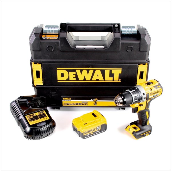 DeWALT Akkumulator-Bohrschrauber-Set in Gelb und Schwarz mit 18 Volt Lithium-Ionen Akkumulator, Ladegerät und schwarzem Werkzeugkoffer.