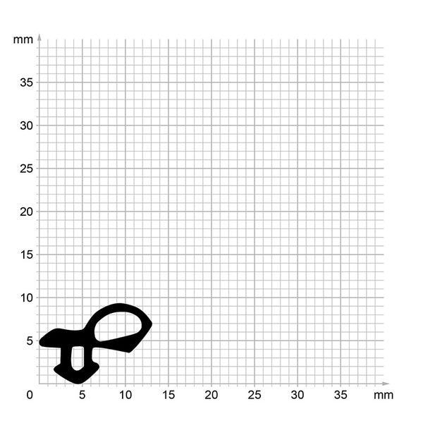 Querschnittsprofil einer Gummidichtung mit Maßangaben auf Millimeterpapier.