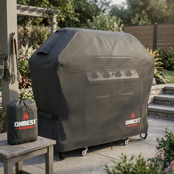 Grillabdeckung mit ONBEST Barbecue Logo auf einem Gasgrill im Garten mit Aufbewahrungstasche auf einem Tisch.