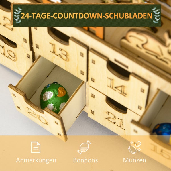Adventskalender aus Holz mit 24 nummerierten Schubladen zum Befüllen mit Notizen, Süßigkeiten oder Münzen, eine Schublade ist geöffnet.