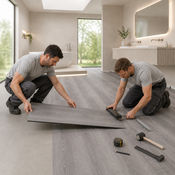 Zwei Handwerker verlegen einen Vinylboden in einem hellen Badezimmer mit Badewanne und Waschbecken.