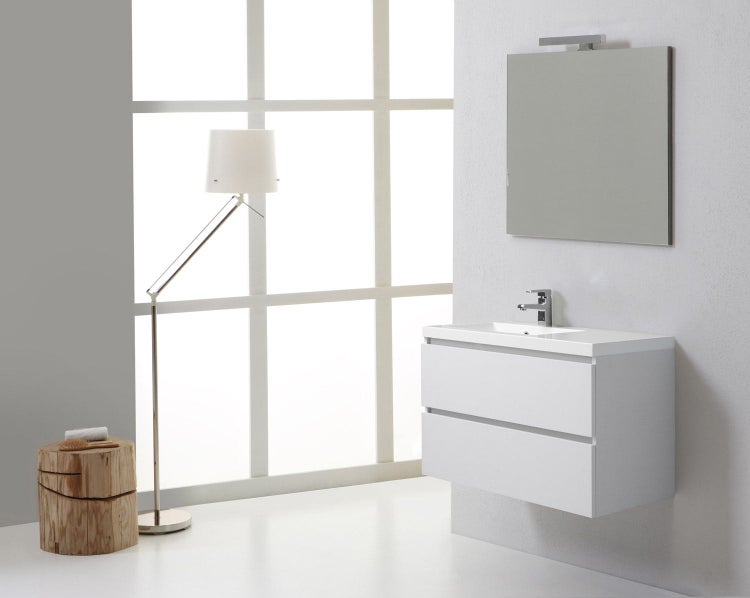 Badezimmermöbel – Set mit 2 Schubladen, Waschbecken links, Spiegel 90x70 und LED-Lampe | Manhattan
