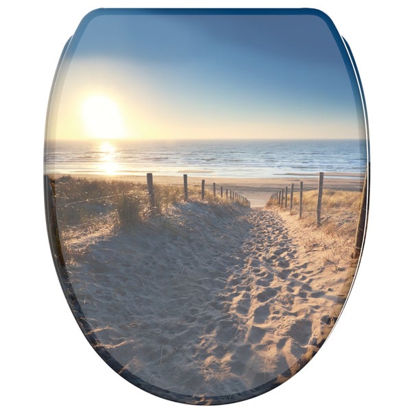 WC-Sitz mit Motiv eines Sandwegs durch Dünen zum Meer bei Sonnenuntergang.