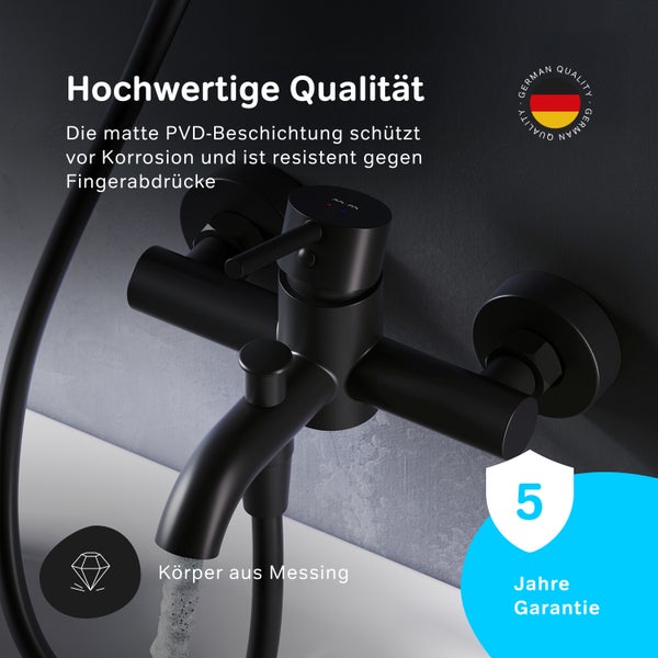 Schwarze Badewannenarmatur aus Messing mit PVD Beschichtung und fünf Jahre Garantie