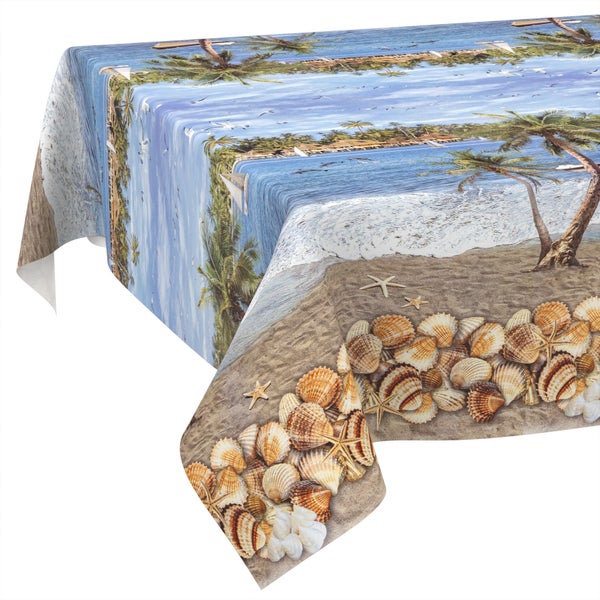 Tischdecke mit fotorealistischem Strandmotiv, Muscheln, Seesternen und Palmen.
