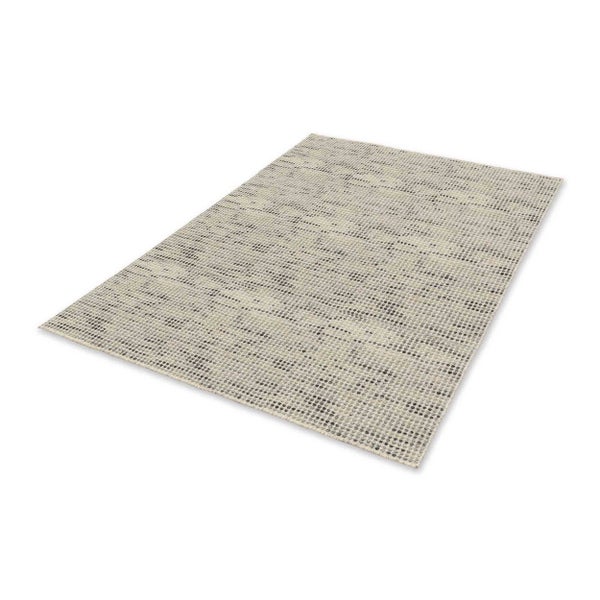 Rechteckiger gewebter Teppich mit gesprenkeltem Muster in Grau und Beige.