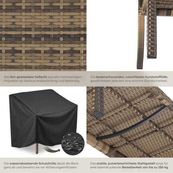 Detailansichten einer Gartenbank aus Polyrattan mit strapazierfähigem Geflecht, Kunststofffüßen, wasserabweisender Schutzhülle und Stahlgestell.