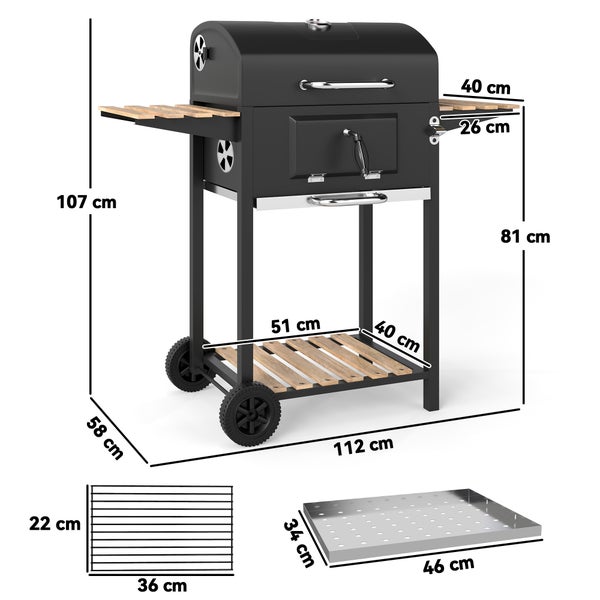Outsunny Holzkohlegrill aus Edelstahl fahrbar Grillwagen mit Deckel Thermometer Grillrost Räder Griff verstellbar Kohlewanne, Kohlegrillwagen mit Holzablage BBQ Smoker für Camping Garten 112x58x107cm