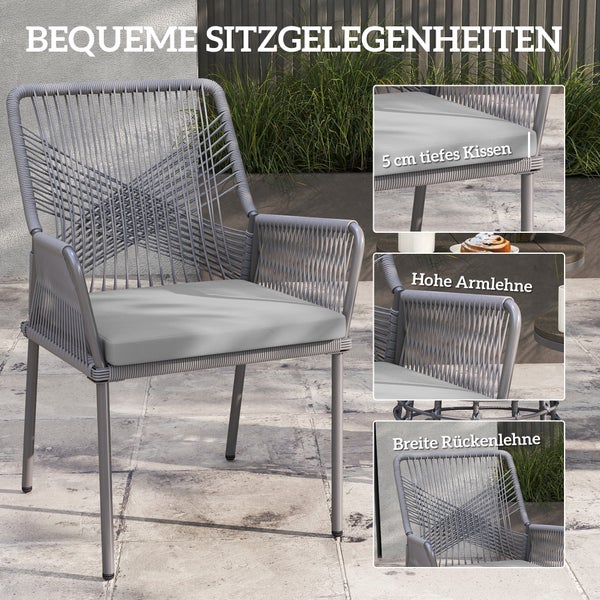 Outsunny 2er Set Gartenstuhl Rattan Gartenmöbel mit Armlehne Rückenlehne abnehmbar Sitzkissen wetterfest Outdoor Essstühle Gartenstühle Balkonstuhl Rattanstuhl für Garten Balkon Terrasse Dunkelgrau