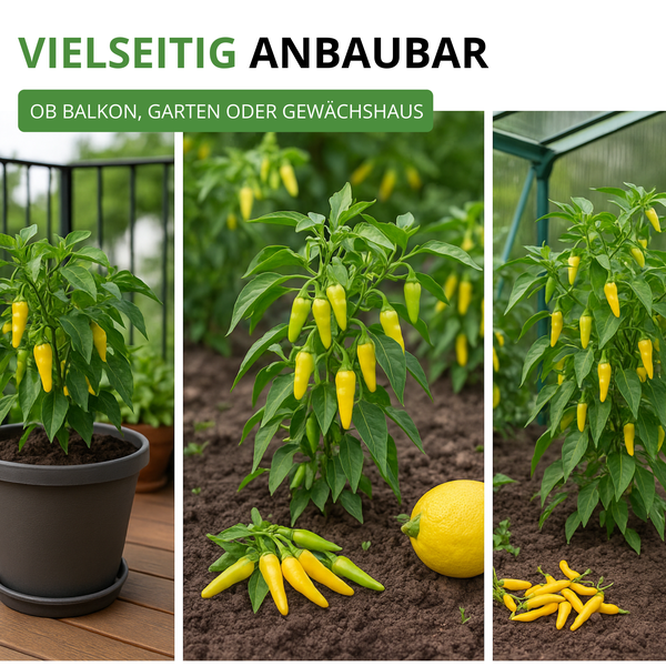 Lemon Chili-Pflanze in verschiedenen Umgebungen: im Topf auf dem Balkon, im Freilandgarten und im Gewächshaus.