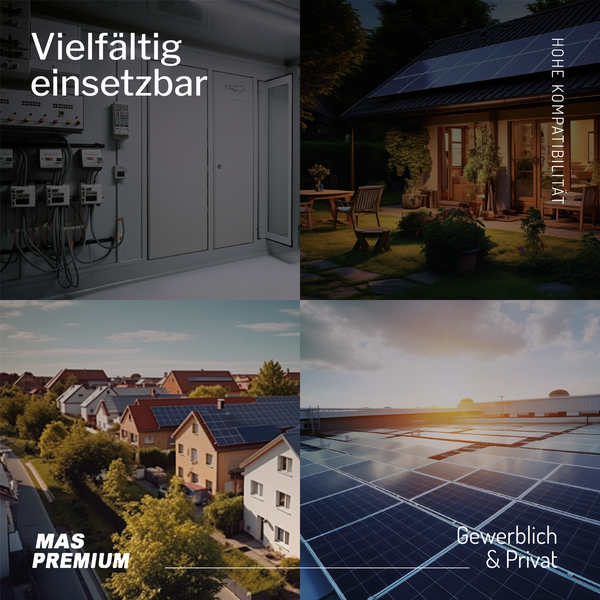 Collage von Photovoltaik-Anlagen auf Wohnhäusern und Gewerbedächern sowie einer elektrischen Installation im Zählerschrank von MAS PREMIUM.