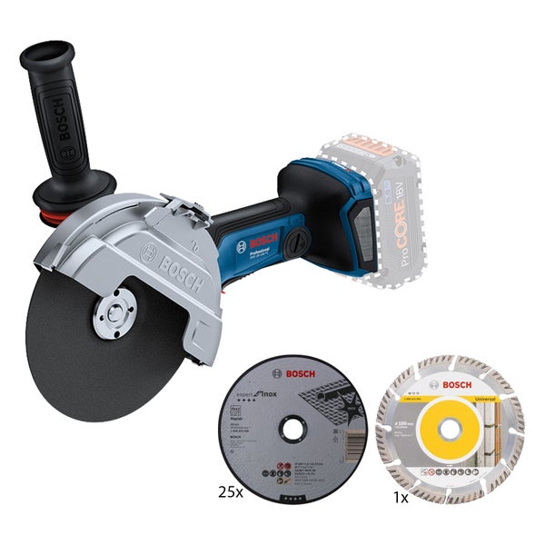 Bosch Professional Akku-Winkelschleifer mit Handgriff, 25 Trennscheiben für Inox und einer Diamanttrennscheibe.
