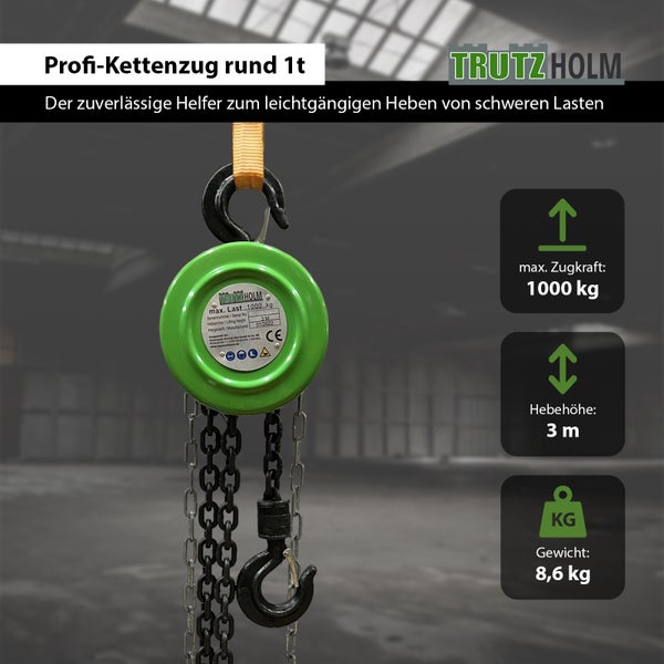 Trutzholm Profi Kettenzug mit 1000 kg Tragkraft und 3 m Hebehöhe zum Heben schwerer Lasten.