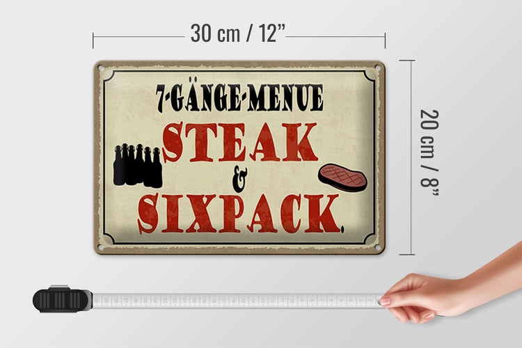 Blechschild Spruch 30x20cm 7 Gänge Menü Steak Sixpack Grill
