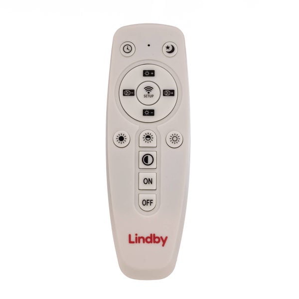 Lindby Fernbedienung zur Lichtsteuerung mit Tasten für Helligkeit, Farbtemperatur, Timer, Nachtmodus und Ein-Aus-Funktion. Lindby Logo.