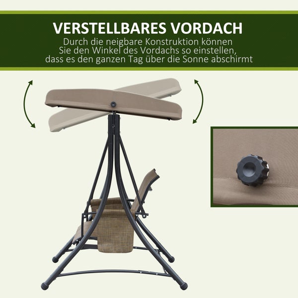 Outsunny Hollywoodschaukel mit Seitentasche, 3-Sitzer Gartenschaukel mit verstellbarem Sonnendach, Schaukelbank belast bis 300kg, für Garten, Terrasse, 196 x 128 x 172 cm, Braun