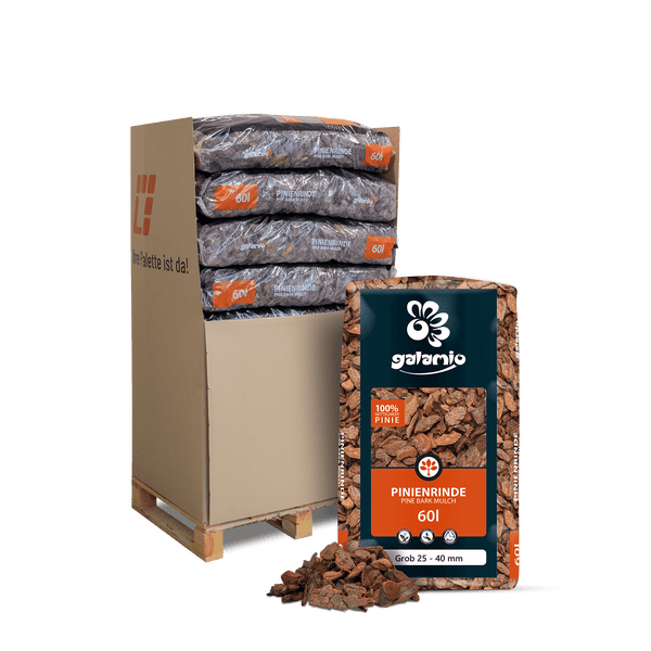 Galamio Pinienrinde grob 25 bis 40 Millimeter, 60 Liter Sack auf Palette.