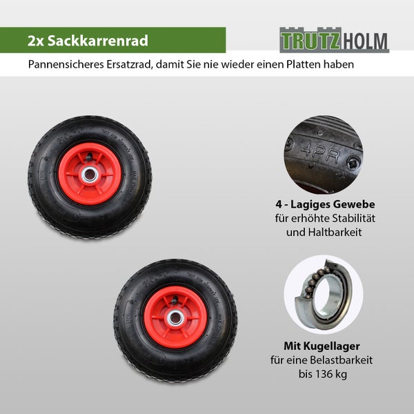 Zwei pannensichere Ersatzräder von Trutzholm für Sackkarren mit vierlagigem Gewebe und Kugellager für eine Belastbarkeit bis 136 Kilogramm.