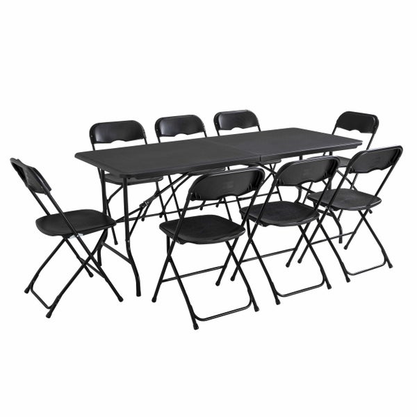 Schwarzes Klapptisch-Set bestehend aus einem rechteckigen Tisch und acht Klappstühlen aus Kunststoff und Metall.