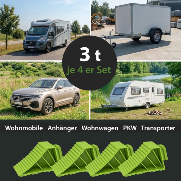 Set mit vier Unterlegkeilen mit einer Belastbarkeit von 3 Tonnen für Wohnmobile, Anhänger, Wohnwagen, PKW und Transporter.