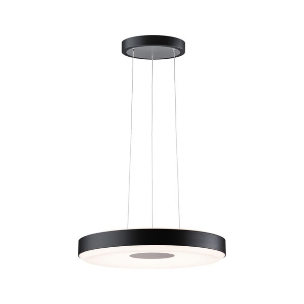 Moderne LED-Pendelleuchte in Ringform mit schwarzem Gehäuse und drei dünnen Drahtseilen zur Aufhängung.