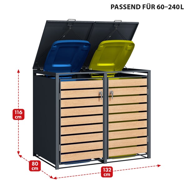 FLOORDIREKT Mülltonnenbox Johan Edelstahlrahmen und Holzdekor 132 x 80 x 116 cm - 2 Türen