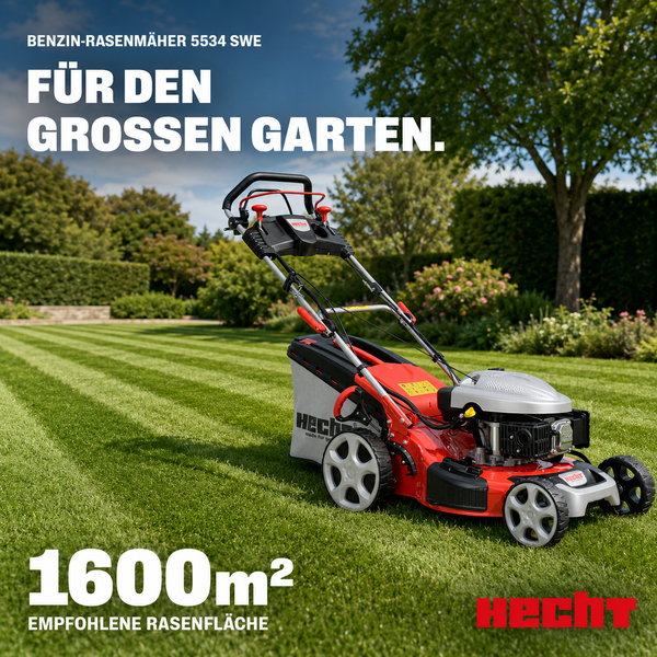 Hecht Benzin-Rasenmäher 5534 SWE in einem weitläufigen Garten, empfohlen für Rasenflächen bis 1600 Quadratmeter. Hecht Logo.