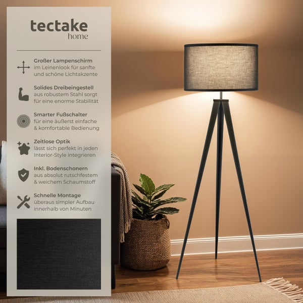 Stehlampe mit Leinenschirm und Dreibeingestell aus Stahl