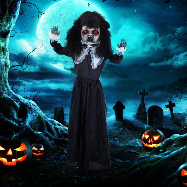HOMCOM 160cm Halloween Dekoration Geisterpuppe mit LED-Lichter, Soundfunktion, Haustür Deko mit verstellbare Arme, Garten Dekofigur in Lebensgröße für Party